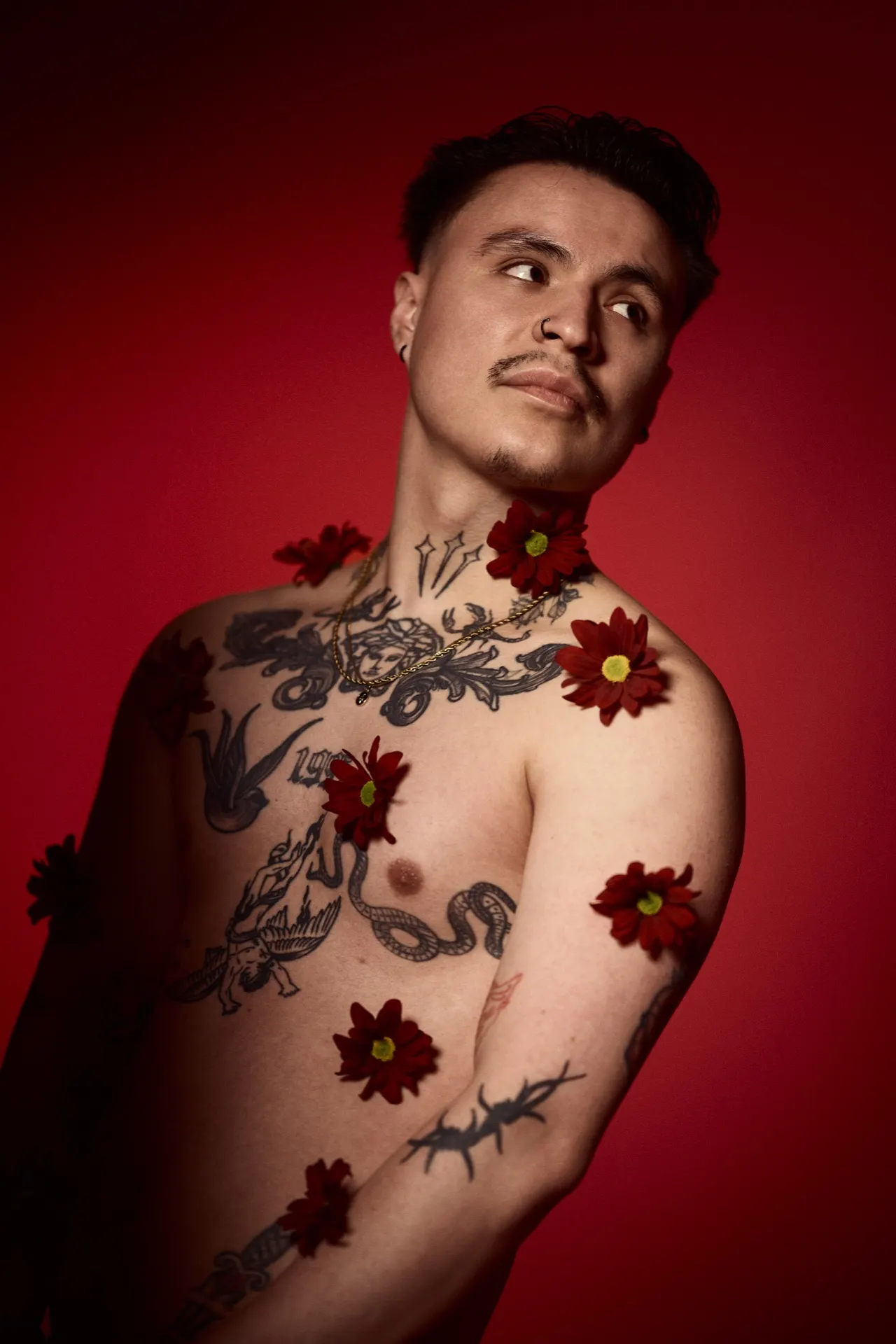 Homme torse nu tatoué parsemé de fleurs rouges, fond rouge, studio, Bruxelles